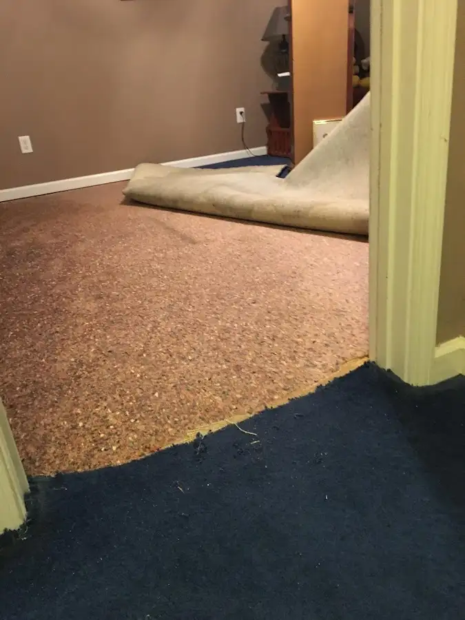 Carpet pad removal revealing water damage during Water Mitigation Services in Taylors